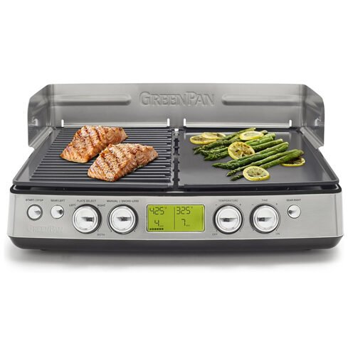 Grelha e grelha Elite XL sem fumaça, marca GreenPan, com placas de alumínio fundido, visor LCD, protetor de respingos
